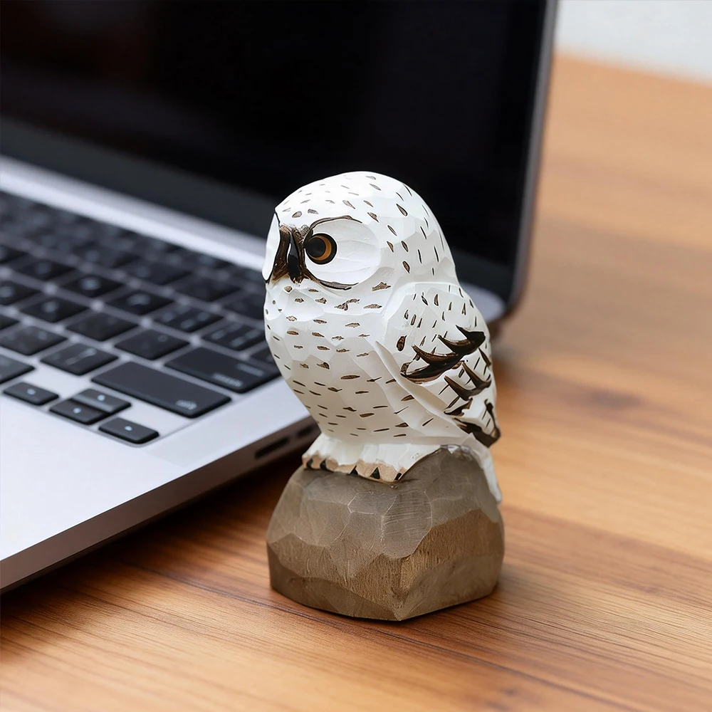 Handcrafted Wooden Snowy Owl Sculpture Statue Figurines Animal Home Desk Accessories Decor Ornament Home Decoration Unique Gift view 2