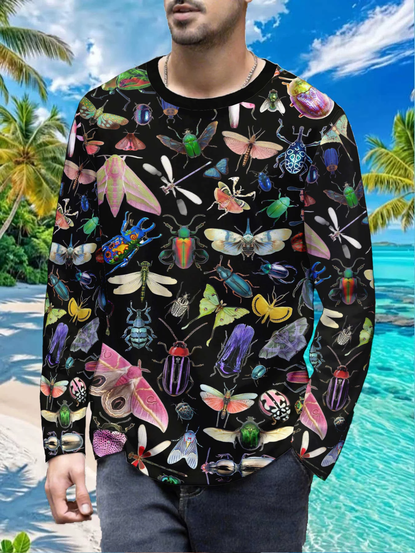 Vintage Insect Beetle Moth Bug Mens Polyester Long Sleeve T Shirt Colorful Realistic Entomology Print Graphic Tee Casual Streetw