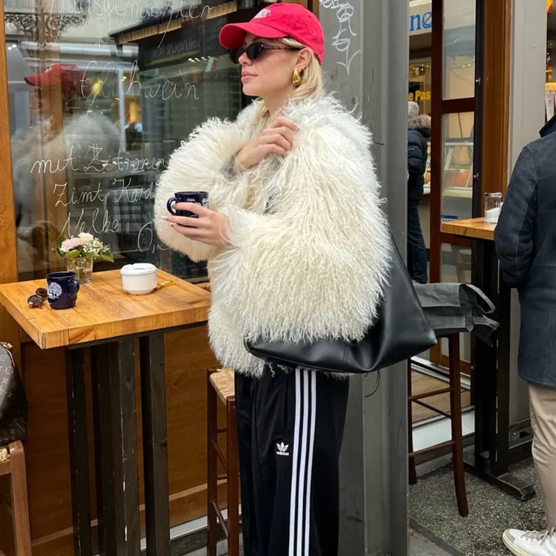 Talenza Female Fluffy Faux Fox Fur Jacket Overcoat Winter Loose Luxury Long Sleeve High Waist Patchwork Coat Women Outwear 2025