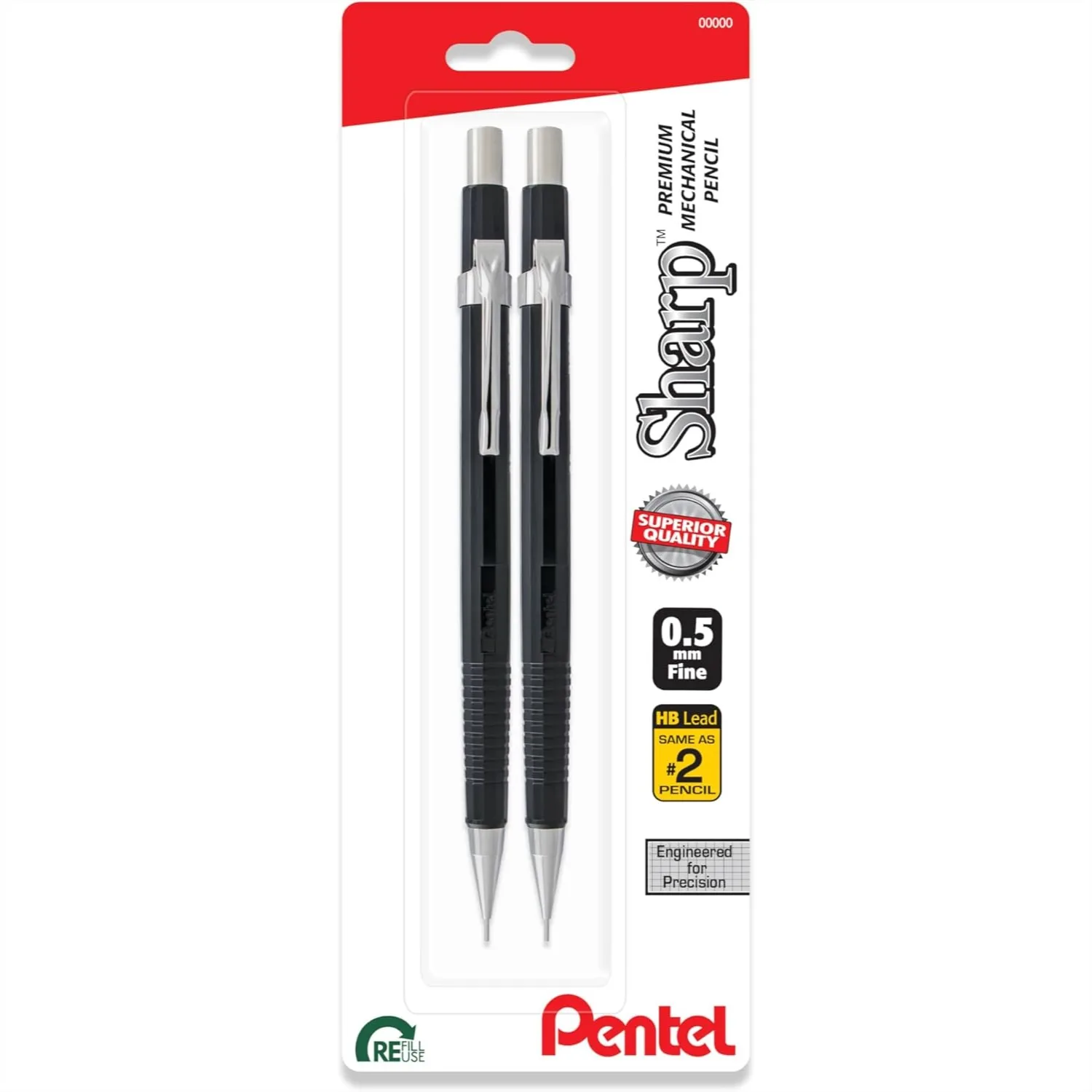 

Pentel Mechanical Pencil 0.5mm, Fine Line, Black Barrel, Pack of 2 for Writing and Drafting