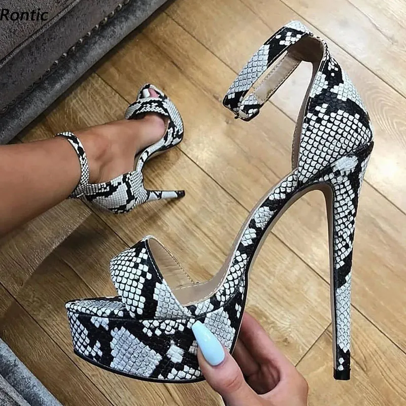 

Rontic/женские сандалии ручной работы на платформе с ремешком на щиколотке и змеиным узором, элегантные черные туфли на шпильке с открытым носком, размер США 5-20