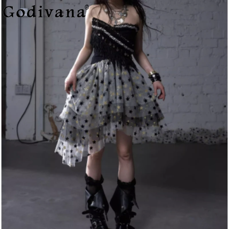 

Spring Summer Sexy Vacation Heavy Industry Tassel Irregular Short Top Fashion Girl Elegant V-neck Slim Versatile Strapless Tops