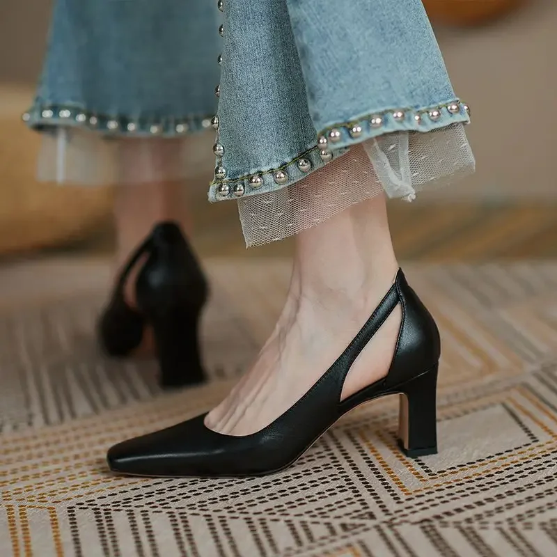 Woman Footwear Office High Heels Black Square Toe Block Heel on Heeled Normal Leather Casual Pumps Chunky Shoes for Women L Y2k