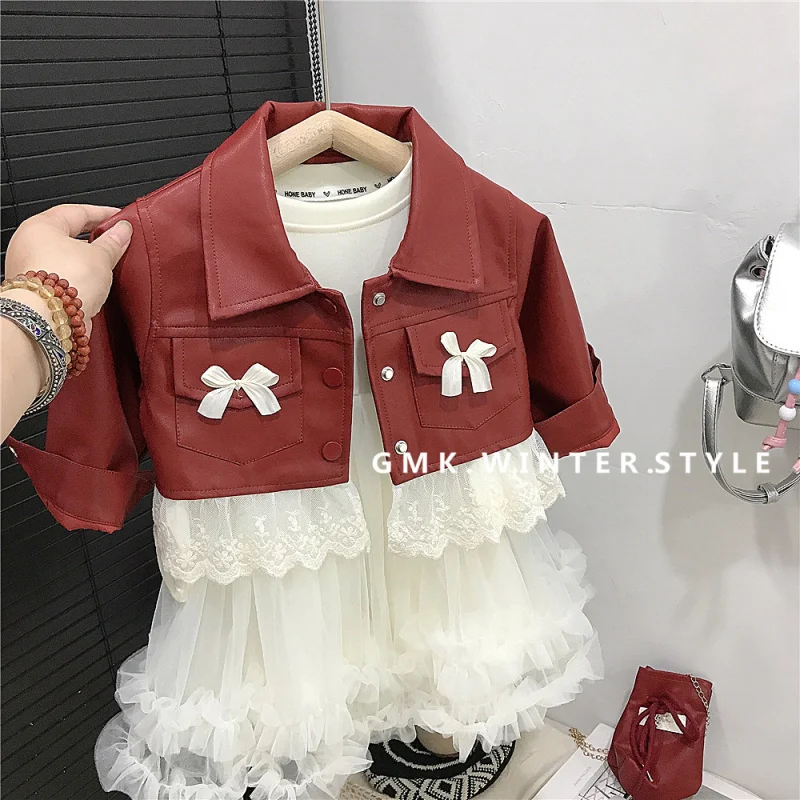 

Girls' Autumn Stylish Leather Dress Set New Fashion Children's Sweet Mesh Skirt for Baby Girls