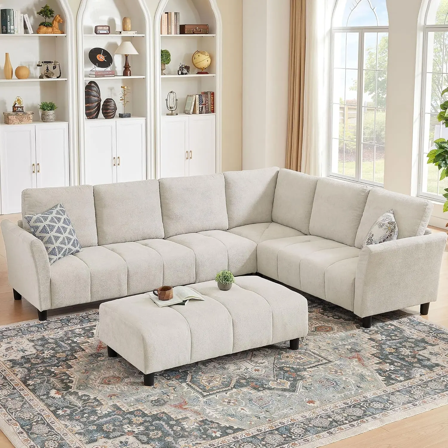 Modular L Shaped Sectional Sofa with Reversible Ottoman, 6-Seater Convertible Linen Couch for Living Room Apartment, Customized
