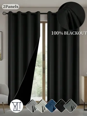 2개 솔리드 100% 암막 커튼, 침실용 커튼, 거실, 주방 - 자외선 차단, 쉬운 슬라이딩 및 세련된 디자인
