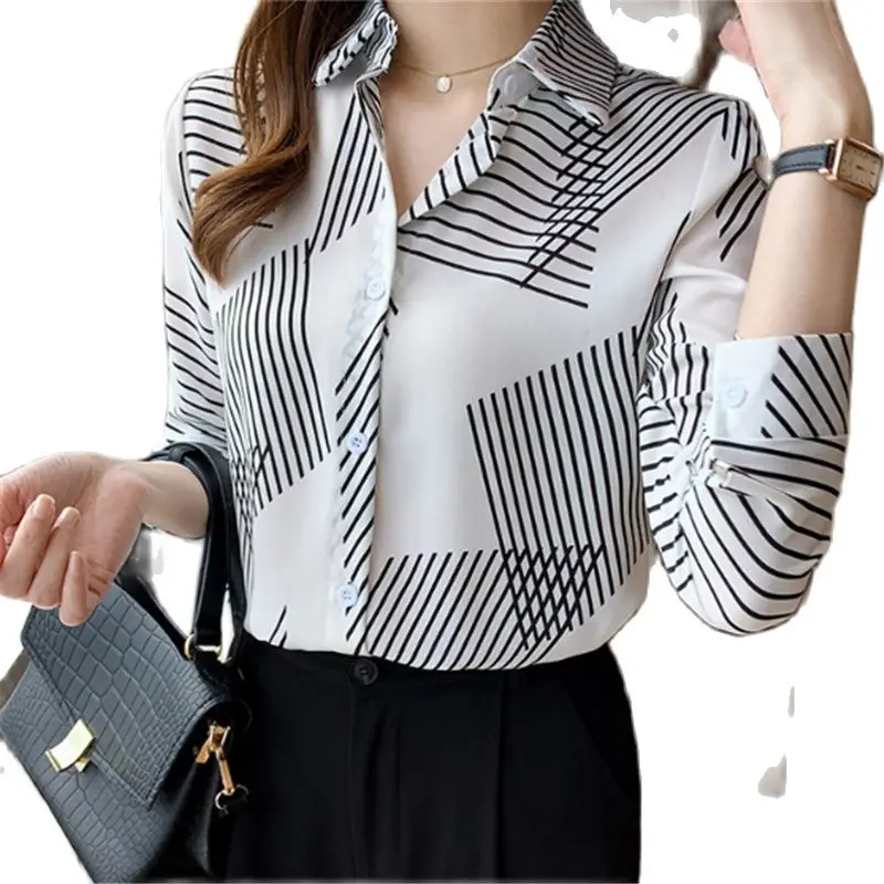 Classic Elegant Geometric Stripe Printed Chiffon Top Female 2023 Spring New Temperament Long-Sleeved Shirt Female