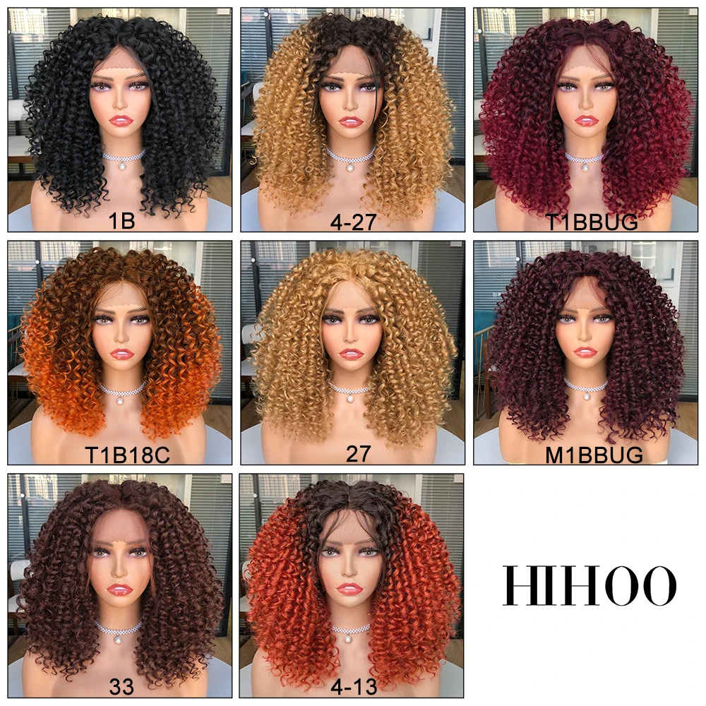 Peluca Bob corto con encaje frontal para mujer, pelucas rizadas Afro, pelo sintético marrón ombré, pelo natural medio, tocado negro con Clips