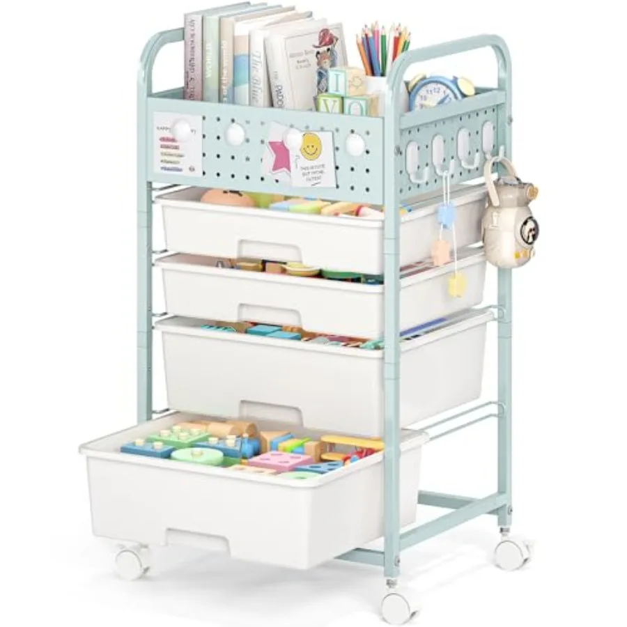 

4 Drawer Rolling Storage Cart with Pegboard Top and Hooks Mobile Organizer Cart with Wheels for Office Supplies Craft Storage C