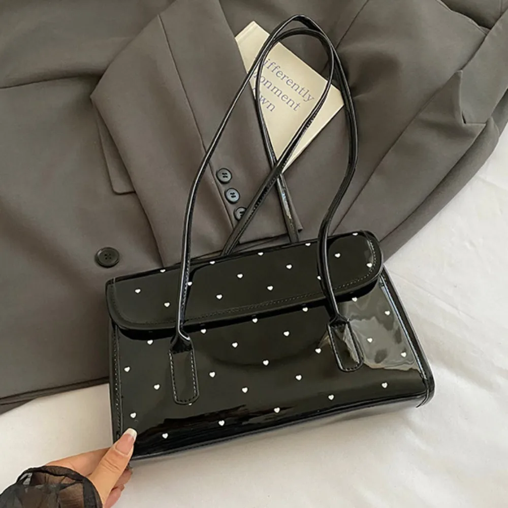 

French Polka Dot Shoulder Bag Elegant Waterproof Patent Leather Tote Bag Smooth Handbag Oil Wax Leather Underarm Bag Party