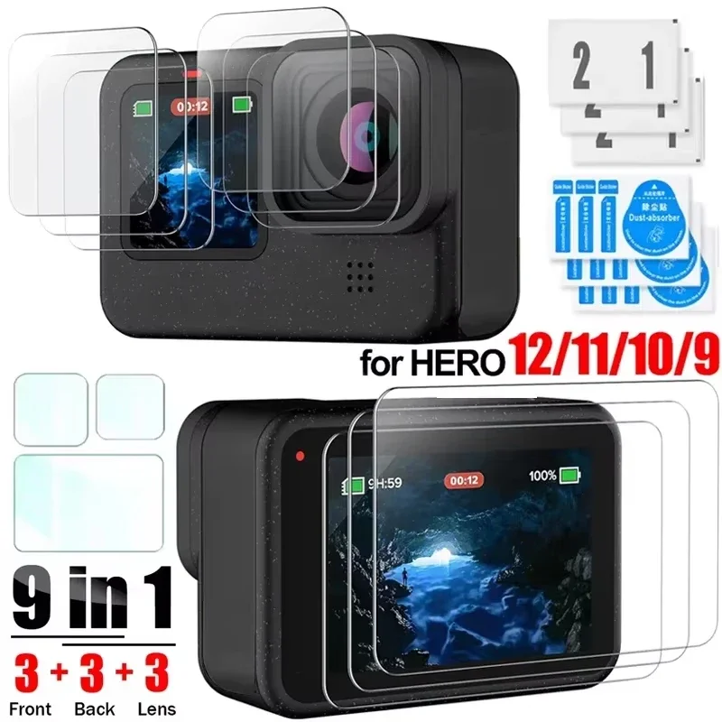 زجاج مقسى لـ GoPro Hero 12 11 10 9 واقي شاشة شفاف مضاد للخدش أفلام مقلمة لـ GoPro Hero 12 واقي شاشة