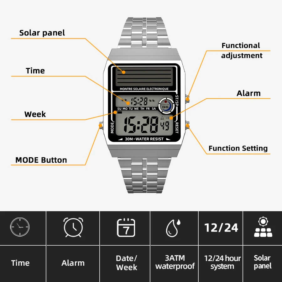 ساعة إلكترونية عصرية متعددة الوظائف تعمل بالطاقة الشمسية، عمر البطارية يصل إلى حوالي عامين، مقاومة للماء حتى 30 مترًا