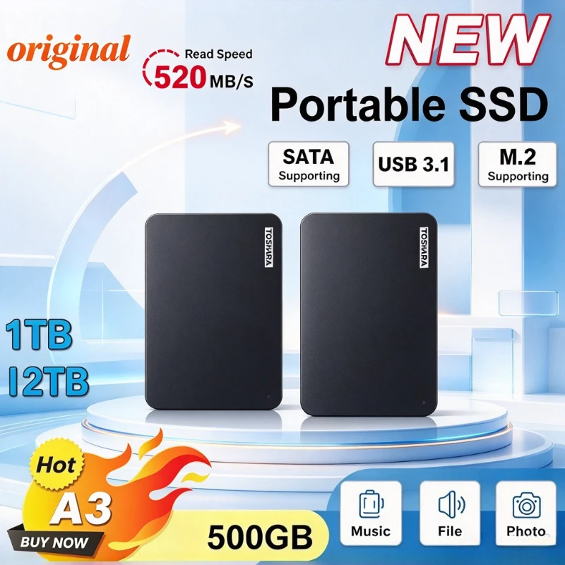 New Portable Hard Drive A3 SSD 500GB 1TB 2TB 4TB SSD Black External Hard Drive USB 3.0 Portable for Gaming Console Office Gift