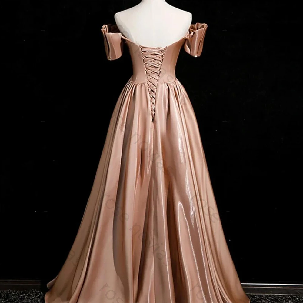 Vestido de noite champanhe de alta qualidade, cetim até o chão, ombro de fora, vestido de baile, vestidos de fiesta personalizados