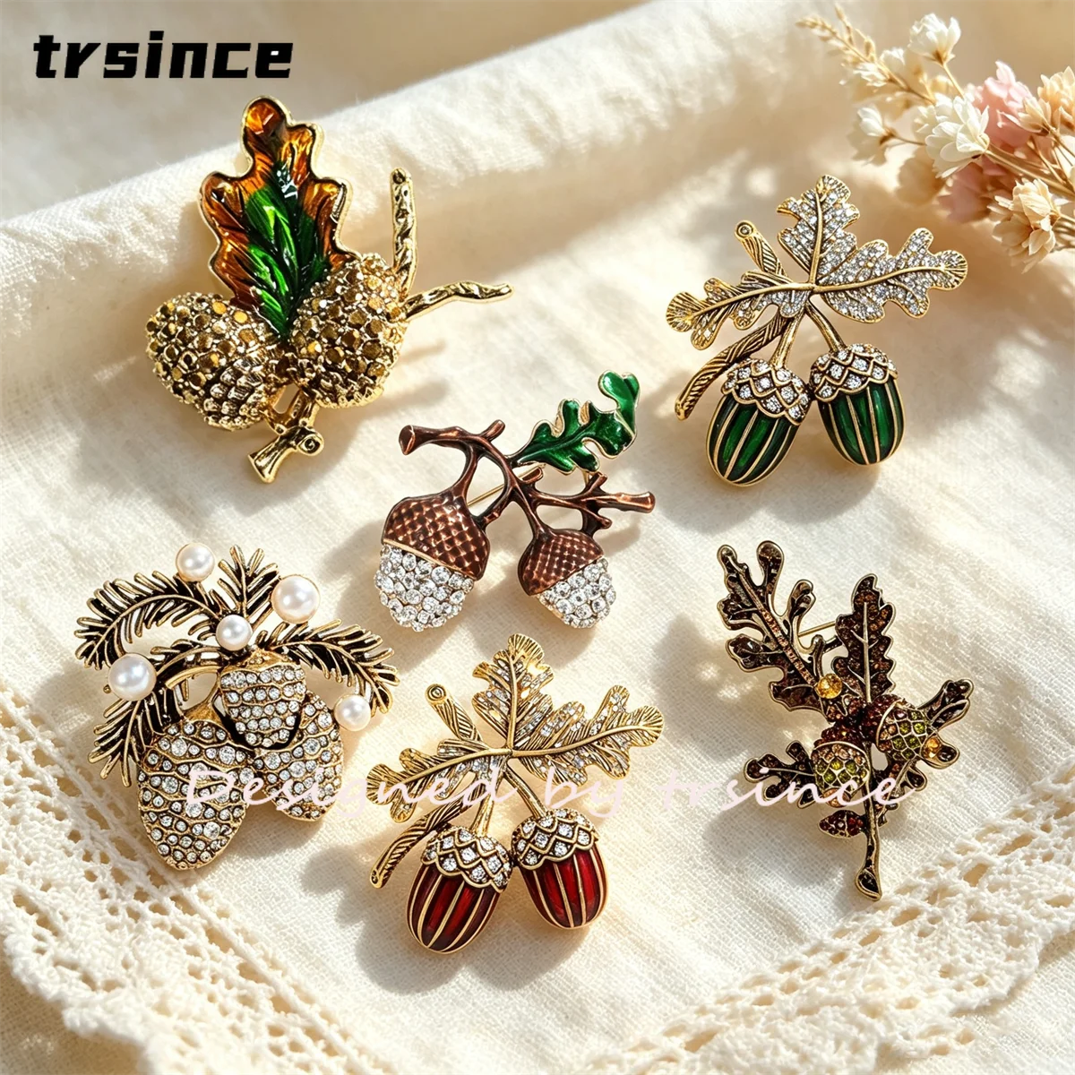 Niedliche Waldpflanzen-Brosche Vintage Eichel Eichenblatt Strass Anstecknadel Einzigartiger Schmuck Geschenk für Frauen Freunde Geburtstag Erntedankfest