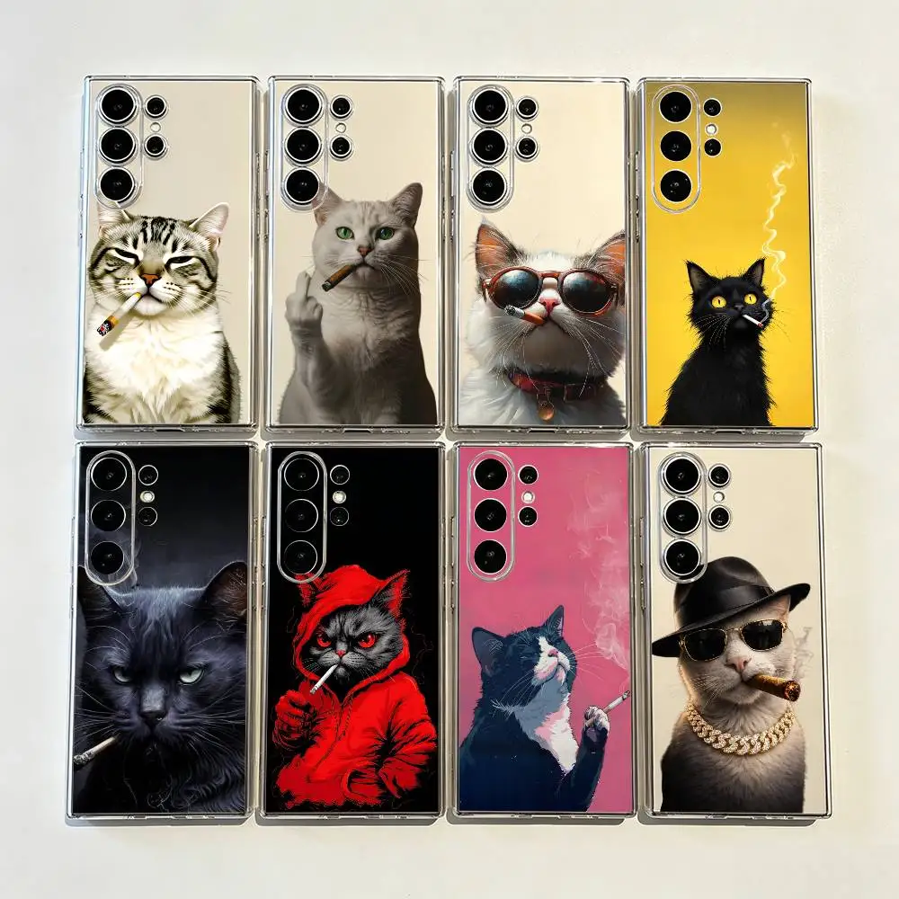 Smoking cat Precise Hole Transparent Printed Phone Case for Samsung Galaxy S26/S25/24/23/22/30/21/10/9,Ultra,Plus