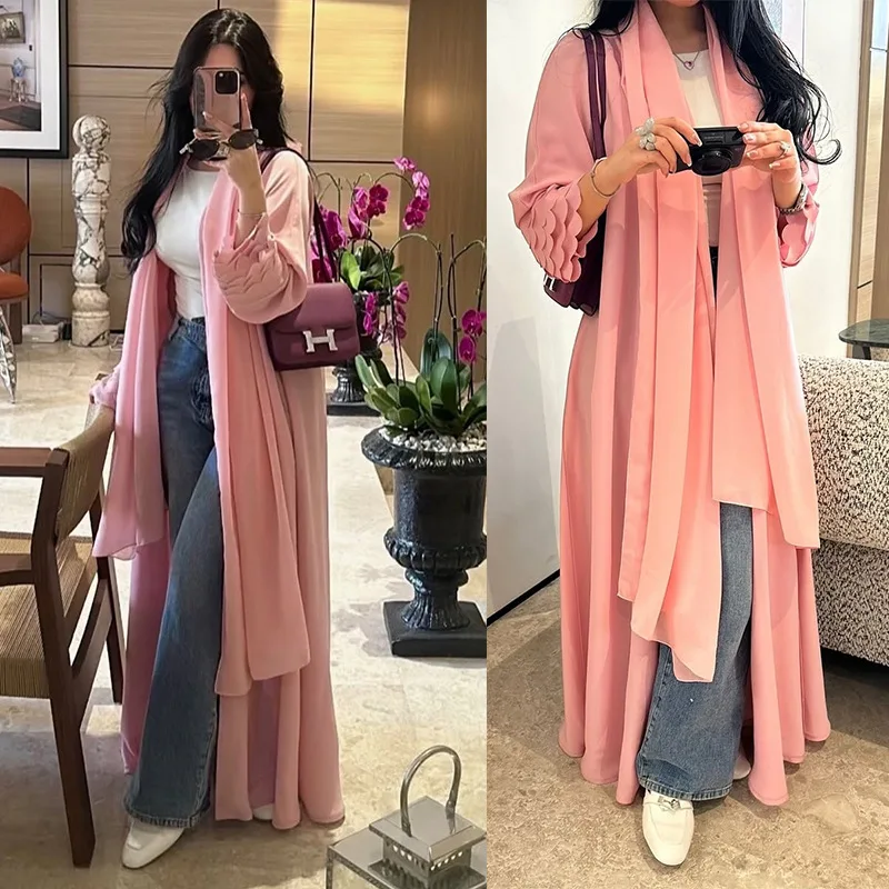 Muslim Women Chiffon Open Front Abaya Kaftan with Scalloped Cuffs Matching Hijab Modest Long Dress