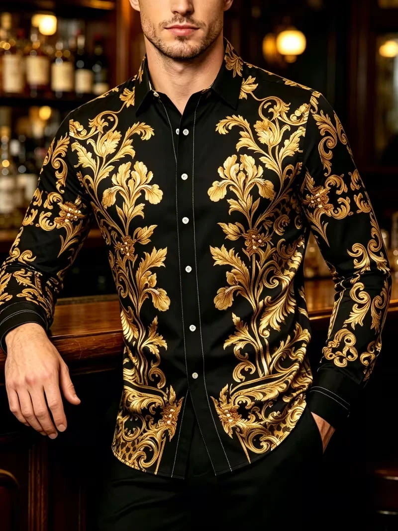 New Men's Black Crow Baroque Curly Grass Vine Printed Long Sleeve Shirt Matte Smooth Satin Collar Top Clothing