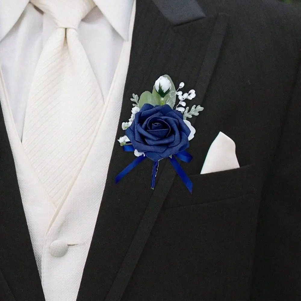 

And Boutonniere Set, Dark Blue Rose Handmade Artificial Flower Wrist Corsage And Groom Boutonniere For Seaside Wedding,Bridesma