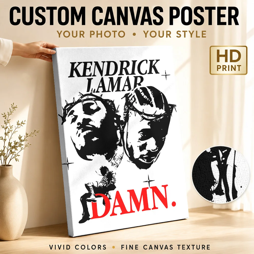 Kendrick Lamar DAMN Framed Canvas Poster Customized Photo Retro Music Wall Art for Studio Decor Collectible Ready to Hang Gift