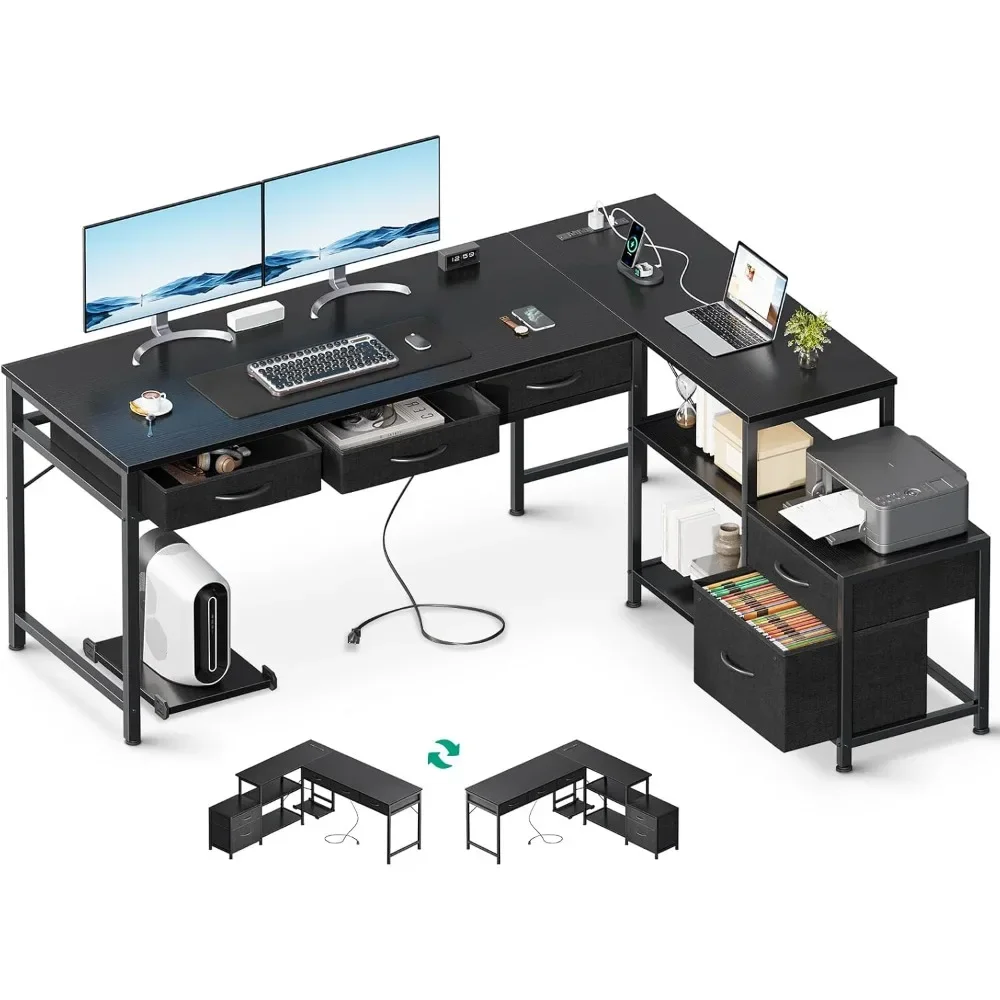 

61" Reversible Home Office Desk with Power Outlets, L Shaped Desk with 5 Drawers and Storage Shelves, Corner Gaming Desk