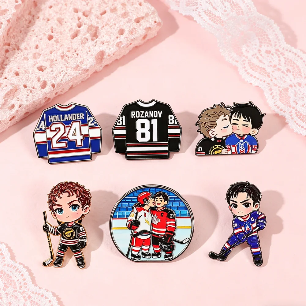 

6pcs/Set Heated Rivalry Canadian TV Show Ename Pins Cartoon Q Version Rozanov Hollander Ice Hockey Athlete Brooch Enamel Pins