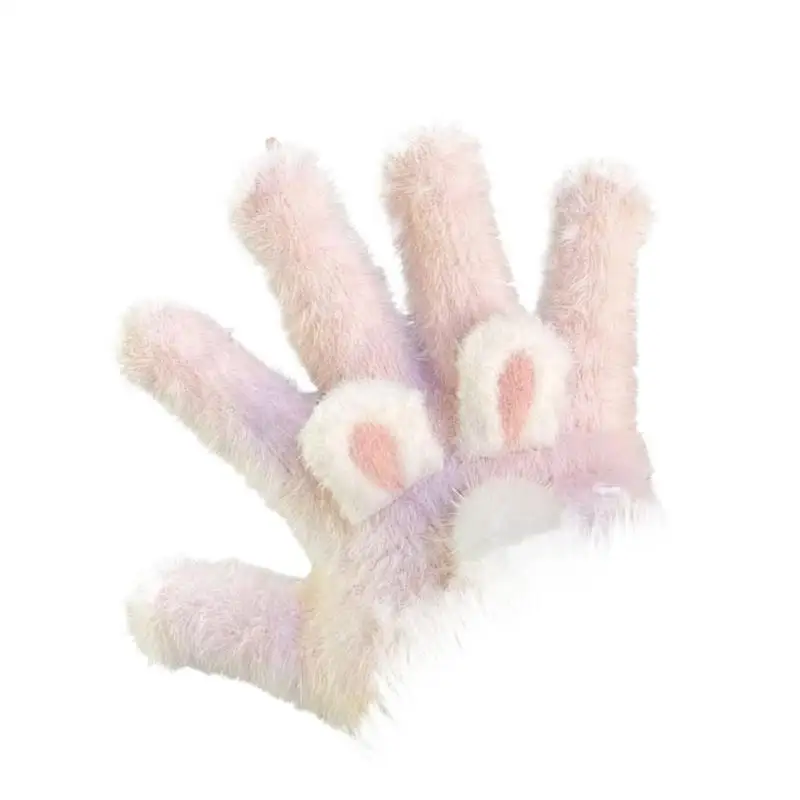لطيف الوردي أرنب القط الأذن بوم بوم قفازات قطيفة الباردة واقية قفازات طالب شتاء دافئ خمسة أصابع قفازات النساء الإكسسوارات هدية عيد الميلاد