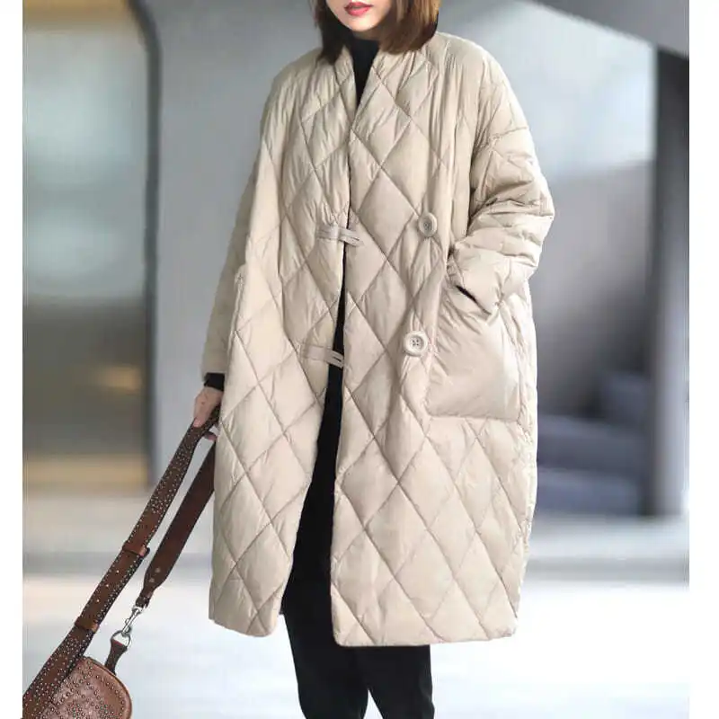 

Casual Long-Length down Cotton Jaet Women's Korean Sle Diamond Patterned Padded Coat Straight Cut Fit Mid-Length
