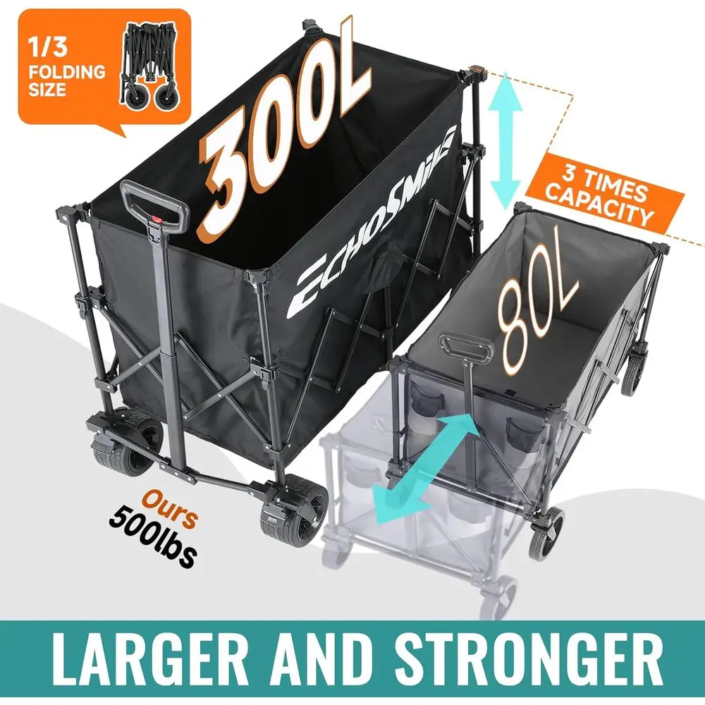 500lb Capacity 300L Collapsible Utility Wagon with All-Terrain Wheels for Outdoor Activities and Shopping