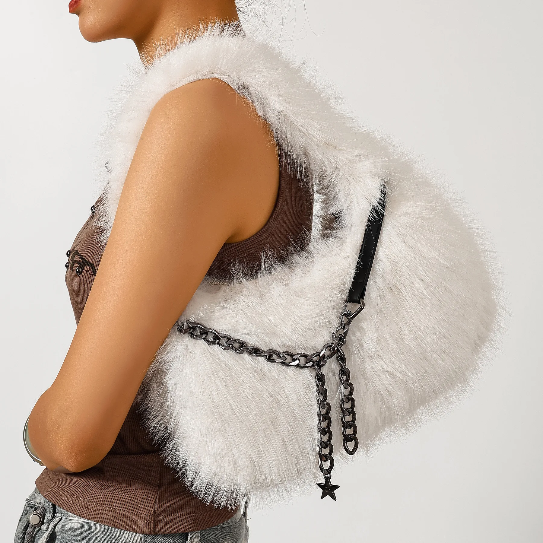 Women Faux Fur Shoulder Bag, Fashion Chain Strap Plush Handbag, Trendy Fluffy Single Shoulder Purse for Autumn Winter Daily Wear