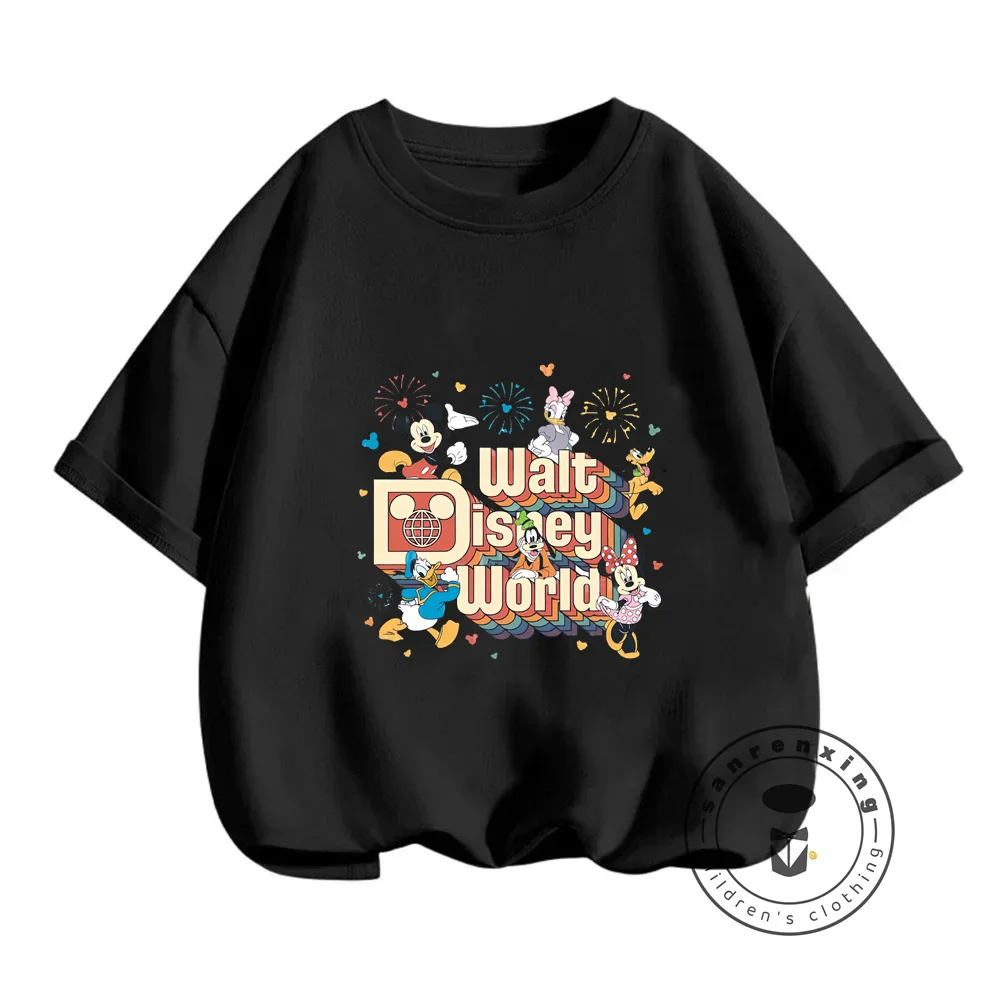 Summer Disney Magic with Mickey Mouse T-Shirts Kawaii O-Neck Solid Color Tops for Boys and Girls Featuring Cute Cartoon Prints