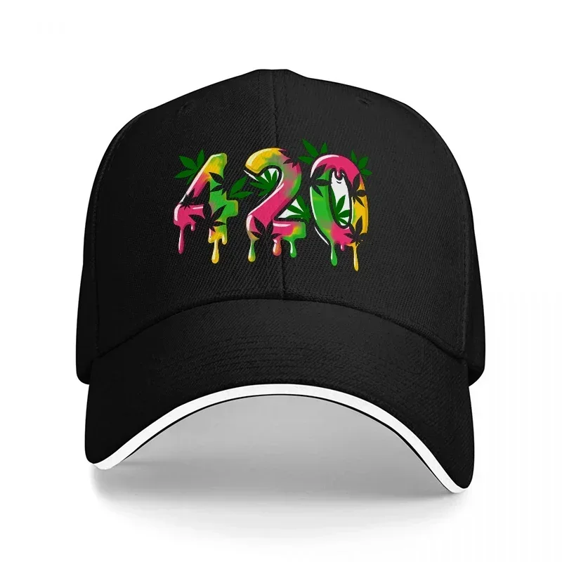 New 420 Graffiti Art Black Baseball Cap with Colorful Dripping Design and Leaf Motifs for Casual Streetwear Style