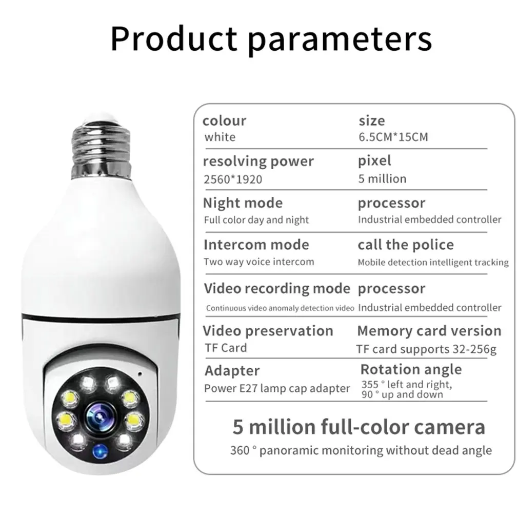 2024 Hot E27 kamera monitorująca kamera żarówkowa LED 360 ° WiFi Security Spotlight automatyczne śledzenie noktowizora Dropshipping