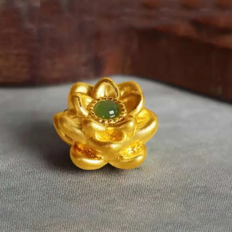 

Pure 24K Yellow Gold Bracelet 999 Gold Green Jade Lotus Fu Bracelet For Women