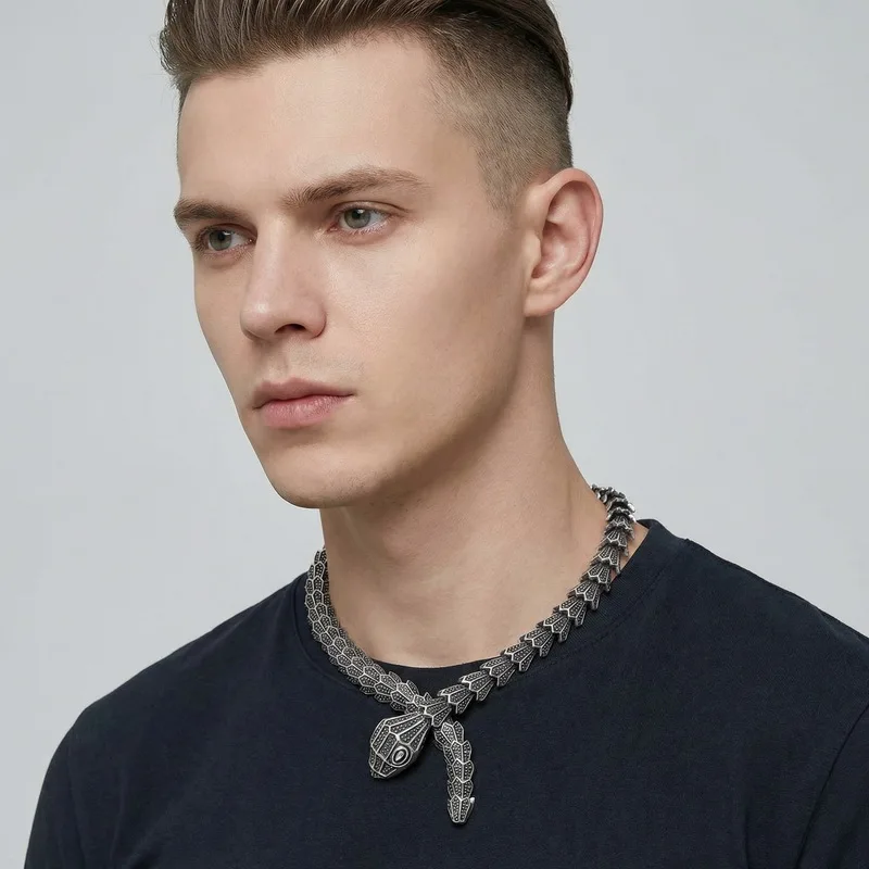 Kalen Viking Vintage Snake-Chain Stainless Steel Necklace For Men Punk Leather Jackets Accessories Fashion Jewelry Halloween