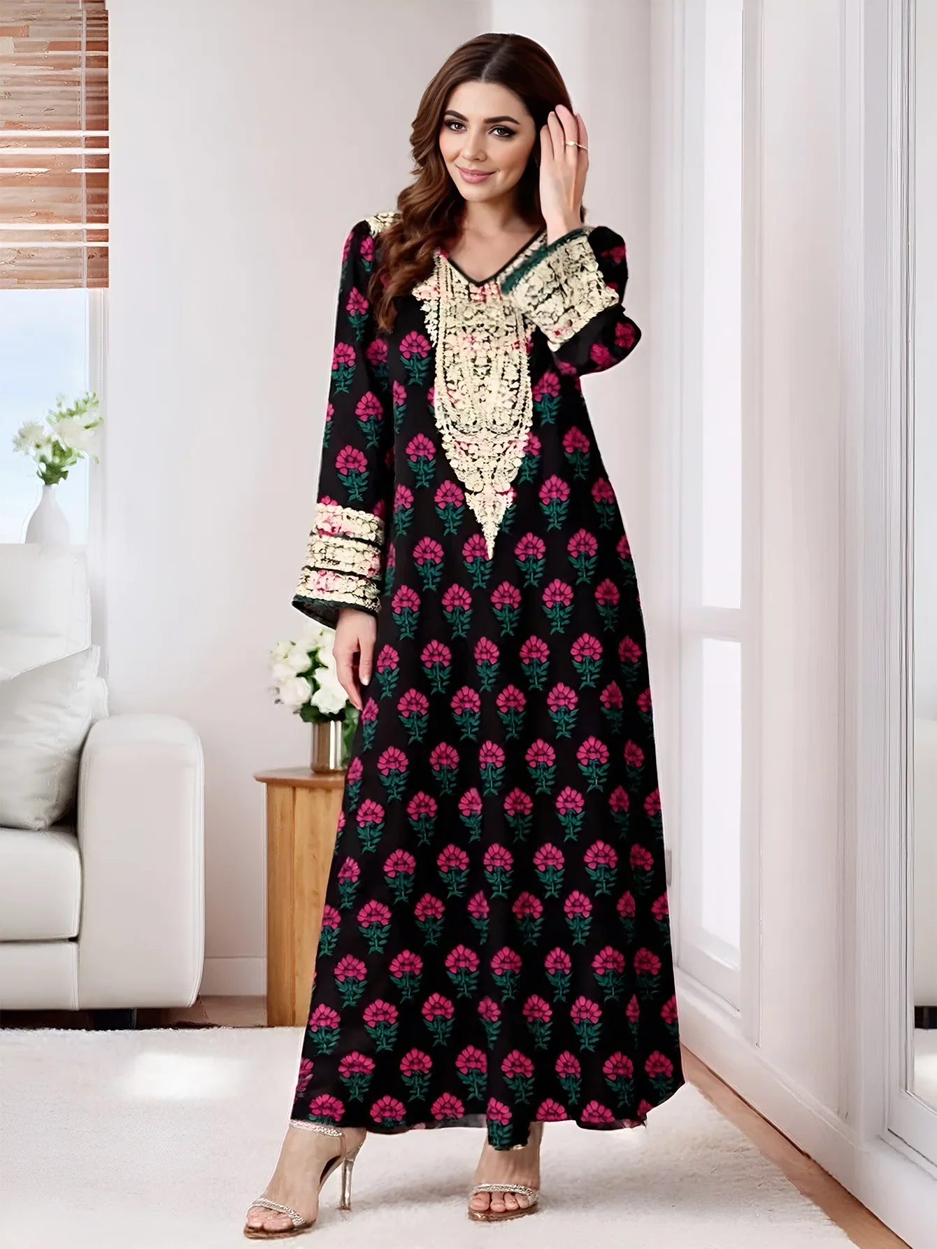Eid vestido de festa para mulheres muçulmano abaya manga longa jalabiya impressão flor ramadan vestidos longos vestidos largos árabe longo robe