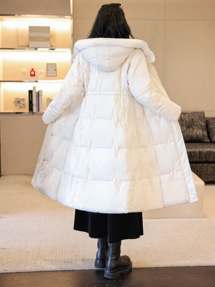 Chaqueta larga de plumón de pato blanco para mujer, abrigo de cintura informal, ajustado de otoño e invierno abrigo largo, con capucha hasta la rodilla, chaqueta acolchada gruesa y cálida