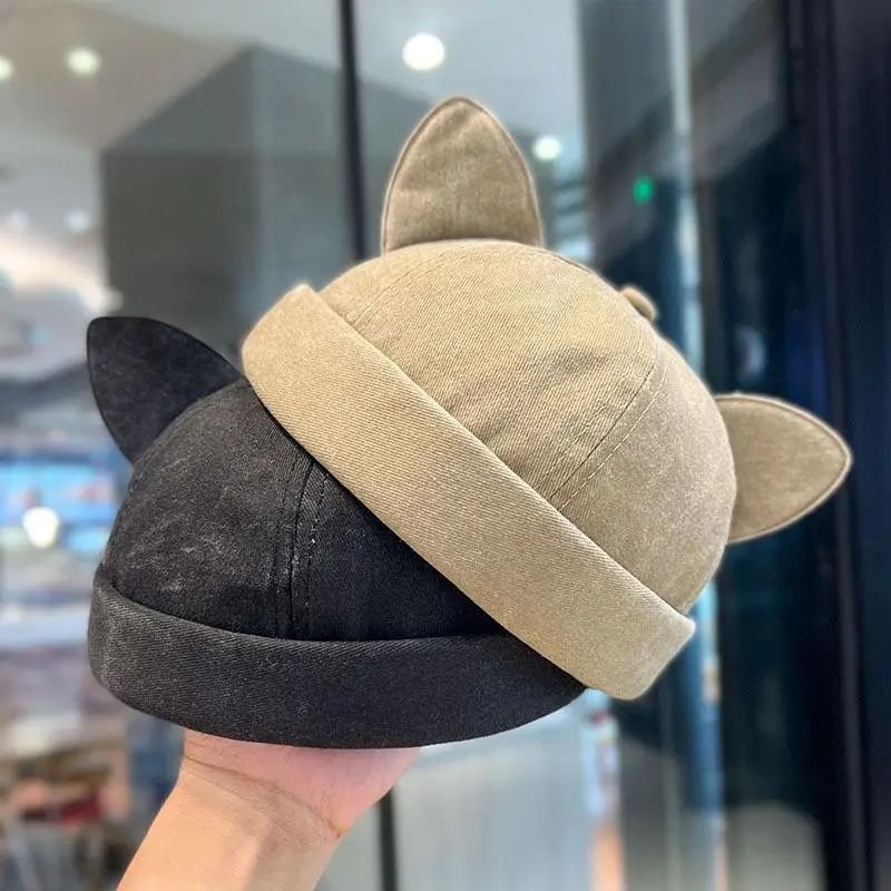 

Cute Cat Ears Docker Cap Brimless Hat Personality Denim Solid Color Beanie Hat Retro Washed Cotton Skullcap Unisex Beanie Cap