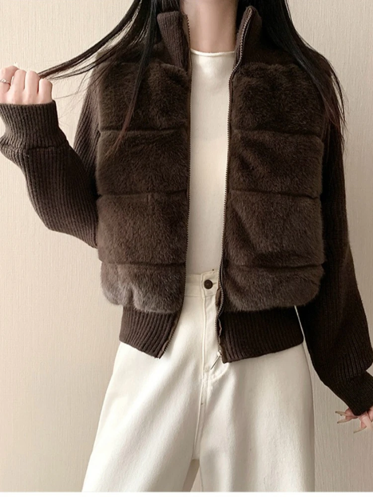 Luxury Winter Knit Long-sleeved Patchwork Faux Fur Coat Women Faux Two-Piece Jacket Warm Minimalist Y2k Vintage Streetwear Trend