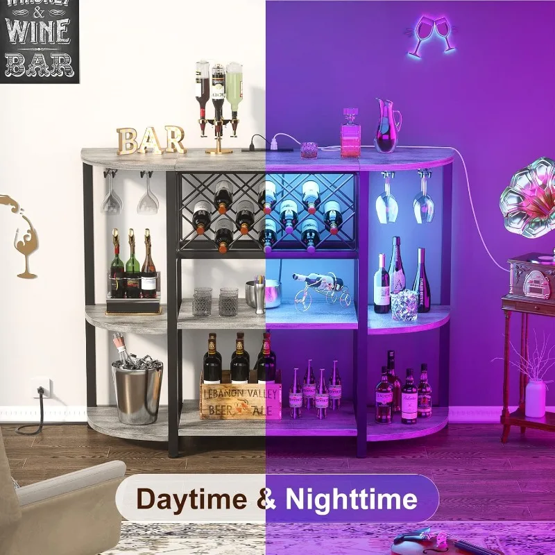 Universal Metal Coffee Bar Cabinet, 4-Tier, com saída e luz LED, mesa de chão autônoma para suporte de vidro licor, cremalheira do vinho