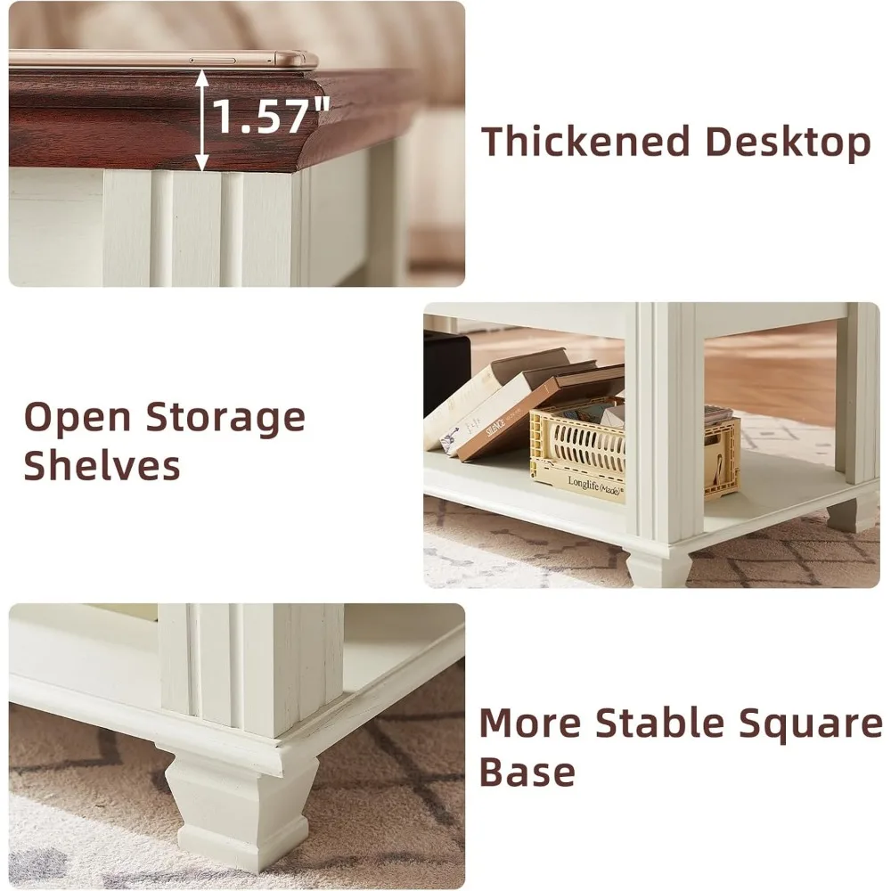 Farmhouse Coffee Tables for Living Room,Square Tea Table with Open Storage Shelf,Large Coffee Table,Rustic Wooden Center Table,W