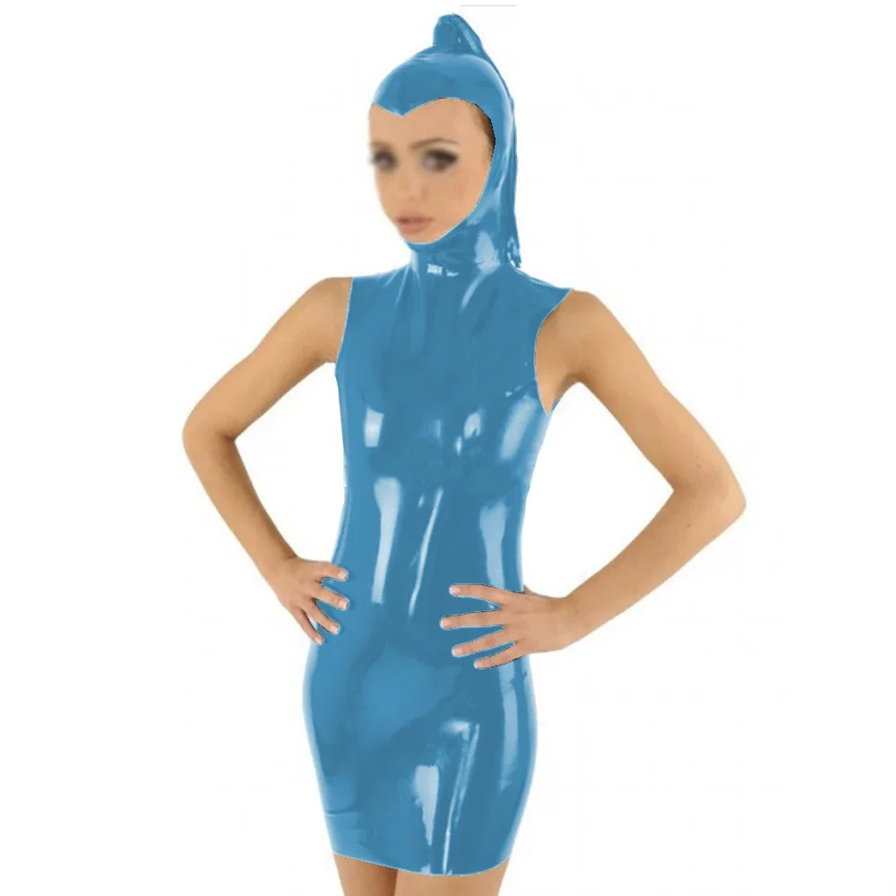 Woman PVC Bodycon Mini Dress with mask hood Sleeveless Slim Mini Club Dress Gothic PU Faux Leather Shiny gags cosplay costumes