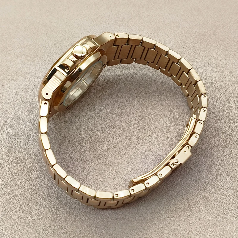 Różowe złoto Nautilus futerał na zegarek i pasek dopasowany do przezroczysty tył NH35 NH36 7S pokrowiec na zegarek do nurkowania 20ATM szafirowe męskie