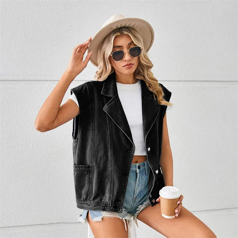 Fashion Suit Lapel Single-breasted Cardigan Denim Vest Women Double Pockets Jacket Casual Sleeveless Outerwear Female Streetwear