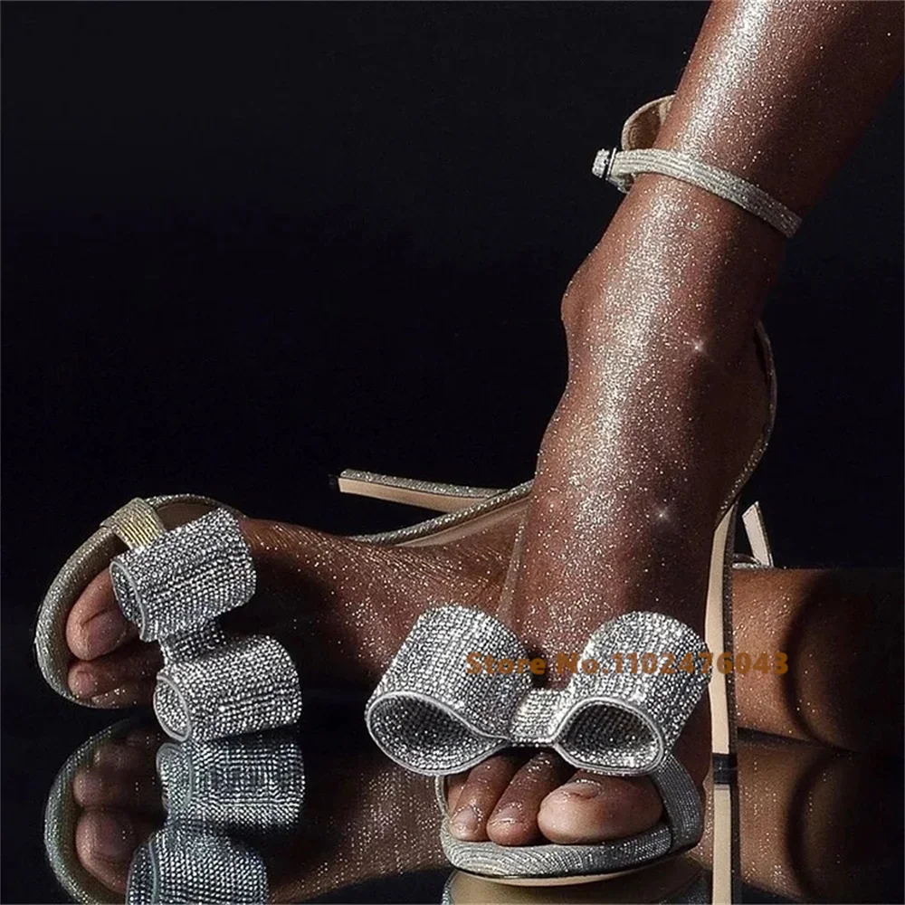 

Silver Rhinestone Bow Sandals Women Round Toe Crystal Stiletto Heel Ankle Strap Thin High Heel Bling Blimg Bridal Shoes