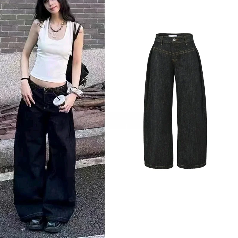 

Retro Sle Low Waist Wide Leg Knife Denim Pants New Winter Women's Faion Crisscross Pleats Polyester Fiber No Stretch