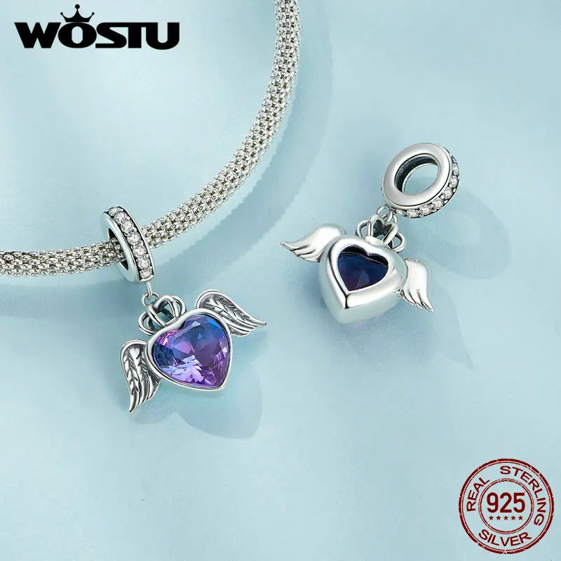 WOSTU 925 Sterling Silver Change Color Roseflower Charms Rainbow Mystic Heart Pendants Pink Beads Fit DIY Bracelet Necklace Gift