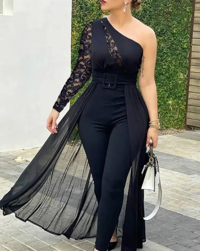 

Contrast Lace One Shoulder Sheer Mesh Overlay Jumpsuit for Women Black Skinny Rompers Lady Clothing Fashion New