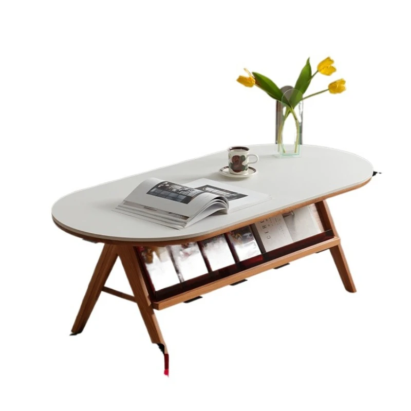 

Nordic oval coffee table, white rock board tea table, cherry wood household small apartment living room round solid wood