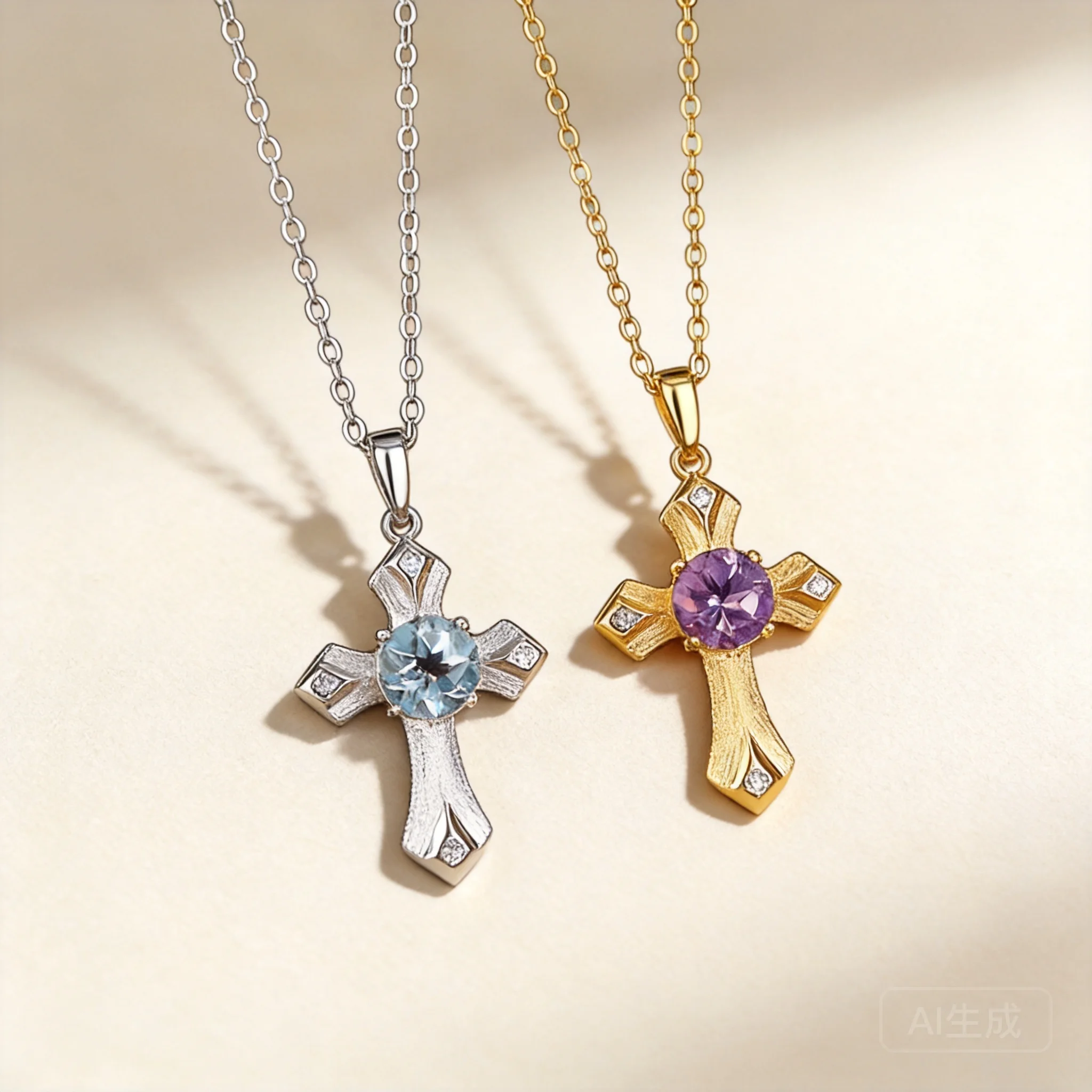 S925 Sterling Silver Brushed Craft Cross Pendant Necklace For Women Topaz Amethyst Gemstone Lucky Blessing Clavicle Chain Fine